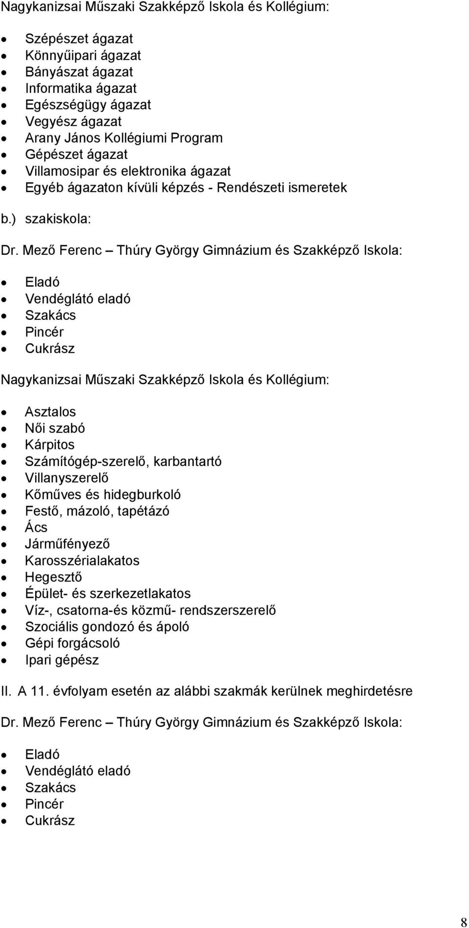 Mező Ferenc Thúry György Gimnázium és Szakképző Iskola: Eladó Vendéglátó eladó Szakács Pincér Cukrász Nagykanizsai Műszaki Szakképző Iskola és Kollégium: Asztalos Női szabó Kárpitos