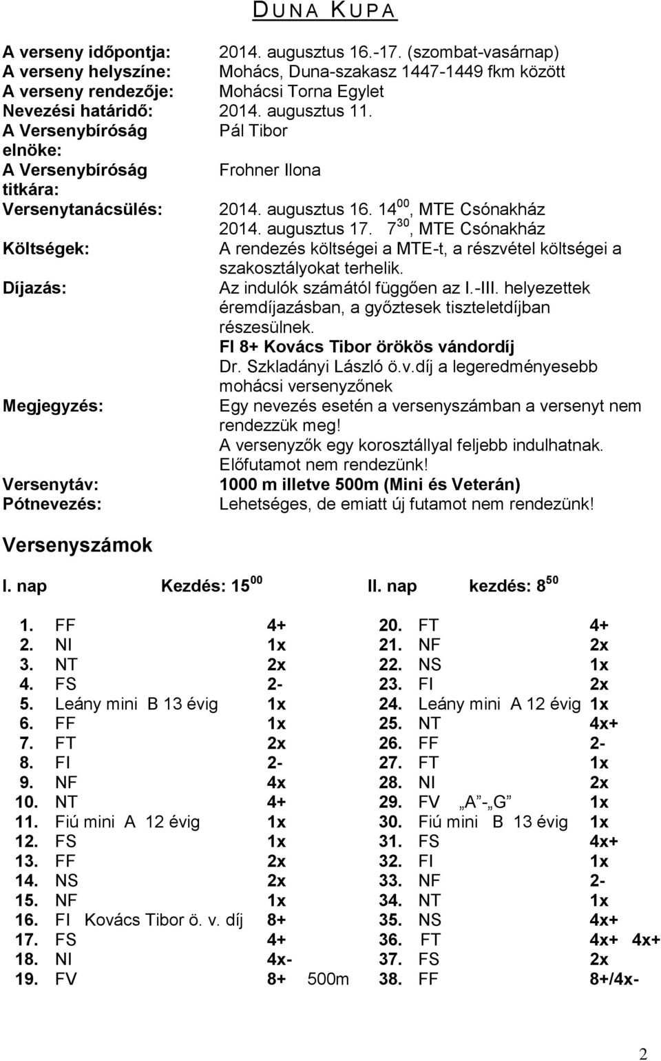 A Versenybíróság Pál Tibor elnöke: A Versenybíróság Frohner Ilona titkára: Versenytanácsülés: 2014. augusztus 16. 14 00, MTE Csónakház 2014. augusztus 17.