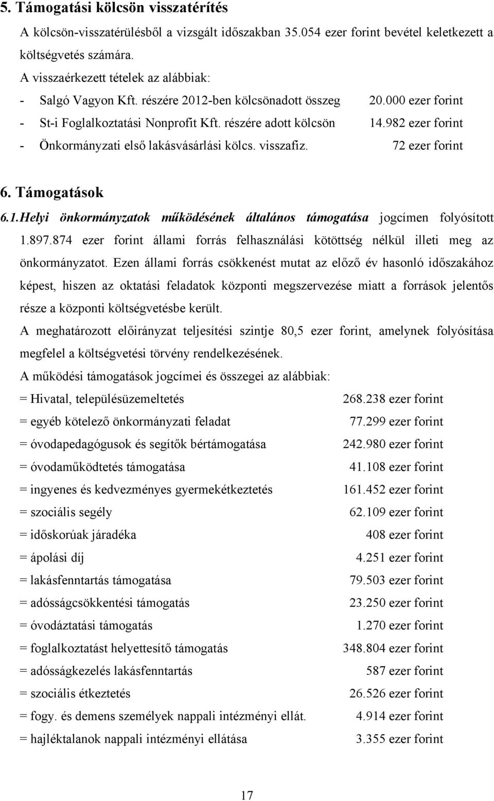 982 ezer forint - Önkormányzati első lakásvásárlási kölcs. visszafiz. 72 ezer forint 6. Támogatások 6.1.Helyi önkormányzatok működésének általános támogatása jogcímen folyósított 1.897.