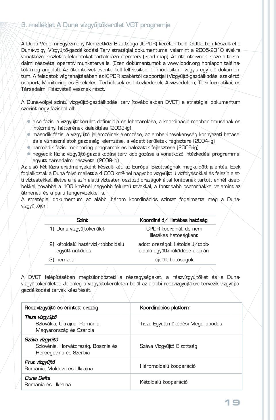 icpdr.org honlapon találhatók meg angolul). Az ütemtervet évente kell felfrissíteni ill. módosítani, vagyis egy élô dokumentum.