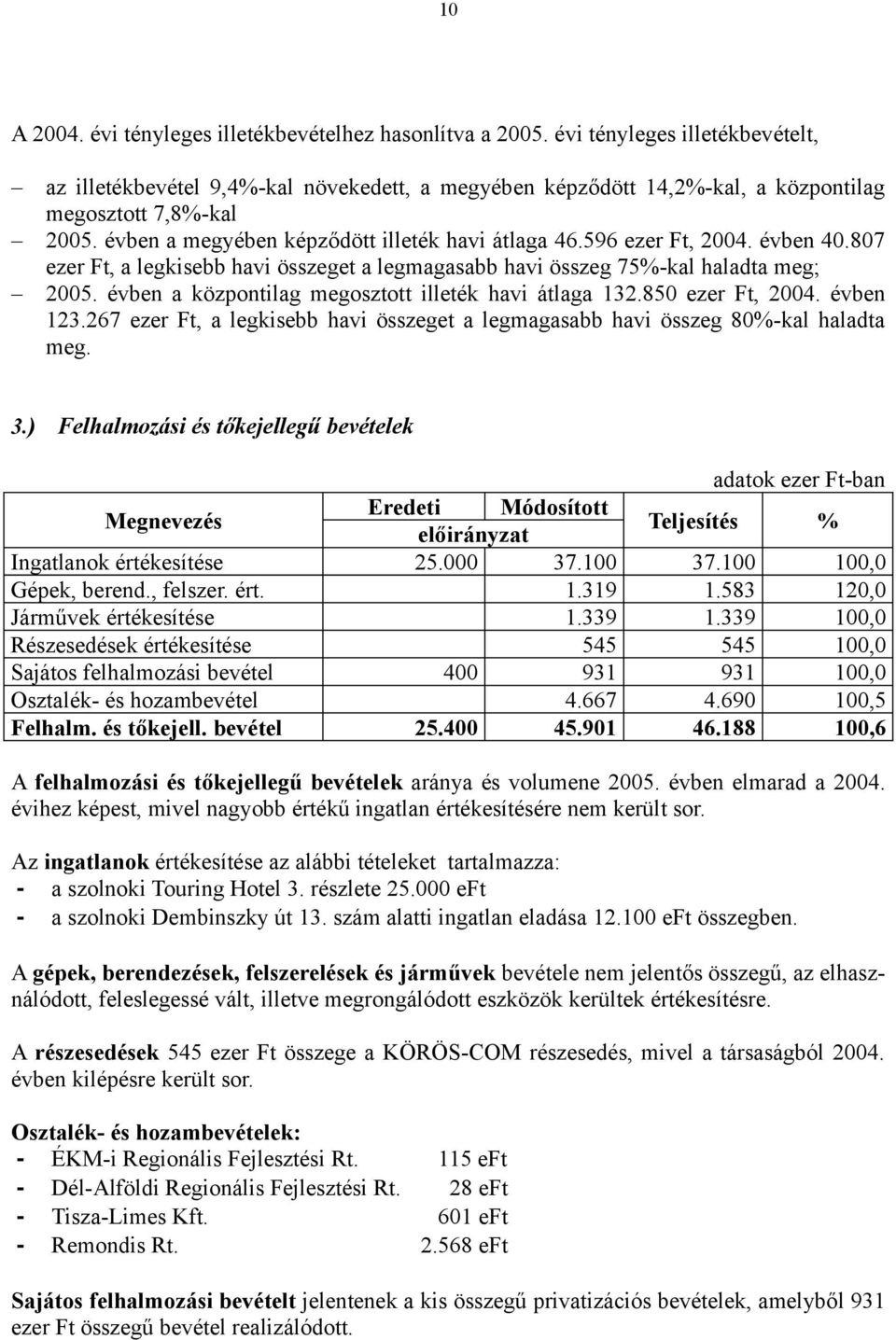 596 ezer Ft, 2004. évben 40.807 ezer Ft, a legkisebb havi összeget a legmagasabb havi összeg 75%-kal haladta meg; 2005. évben a központilag megosztott illeték havi átlaga 132.850 ezer Ft, 2004.