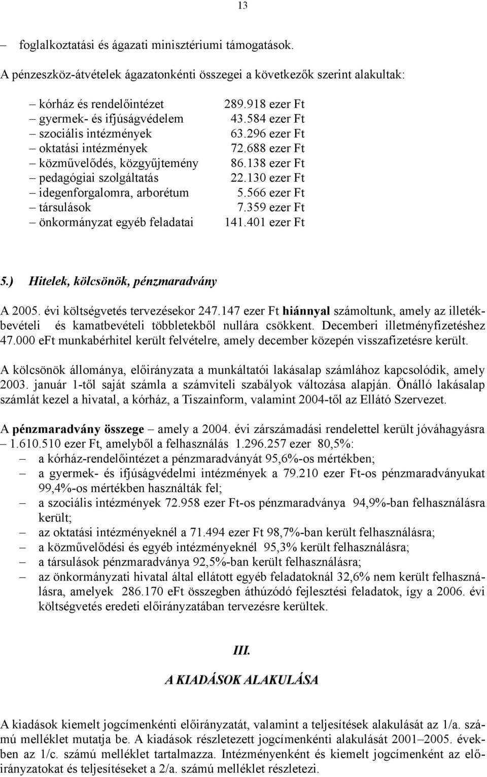 130 ezer Ft idegenforgalomra, arborétum 5.566 ezer Ft társulások 7.359 ezer Ft önkormányzat egyéb feladatai 141.401 ezer Ft 5.) Hitelek, kölcsönök, pénzmaradvány A 2005.