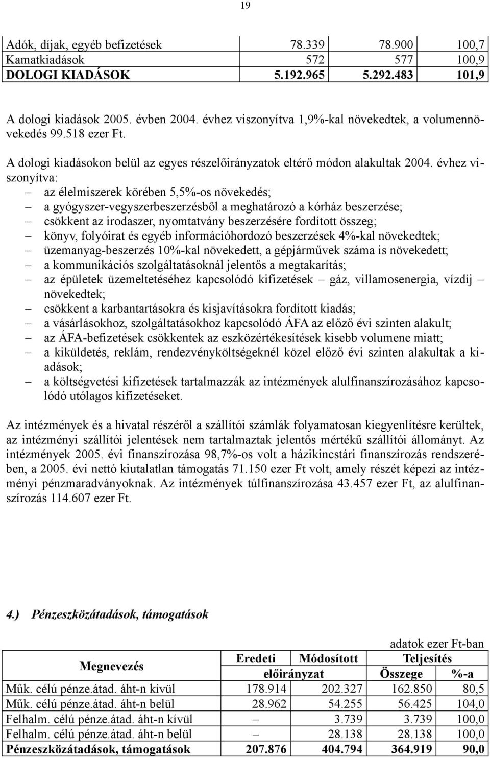 évhez viszonyítva: az élelmiszerek körében 5,5%-os növekedés; a gyógyszer-vegyszerbeszerzésből a meghatározó a kórház beszerzése; csökkent az irodaszer, nyomtatvány beszerzésére fordított összeg;