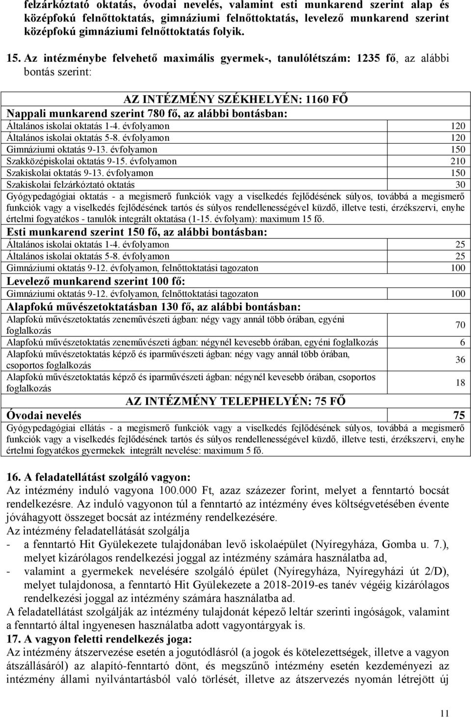 Az intézménybe felvehető maximális gyermek-, tanulólétszám: 1235 fő, az alábbi bontás szerint: AZ INTÉZMÉNY SZÉKHELYÉN: 1160 FŐ Nappali munkarend szerint 780 fő, az alábbi bontásban: Általános