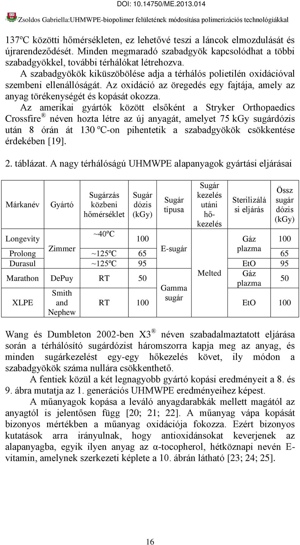 Az amerikai gyártók között elsőként a Stryker Orthopaedics Crossfire néven hozta létre az új anyagát, amelyet 75 kgy sugárdózis után 8 órán át 130 ºC-on pihentetik a szabadgyökök csökkentése