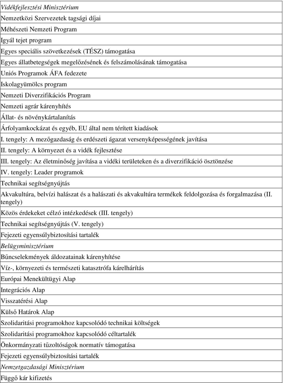 által nem térített kiadások I. tengely: A mezıgazdaság és erdészeti ágazat versenyképességének javítása II. tengely: A környezet és a vidék fejlesztése III.