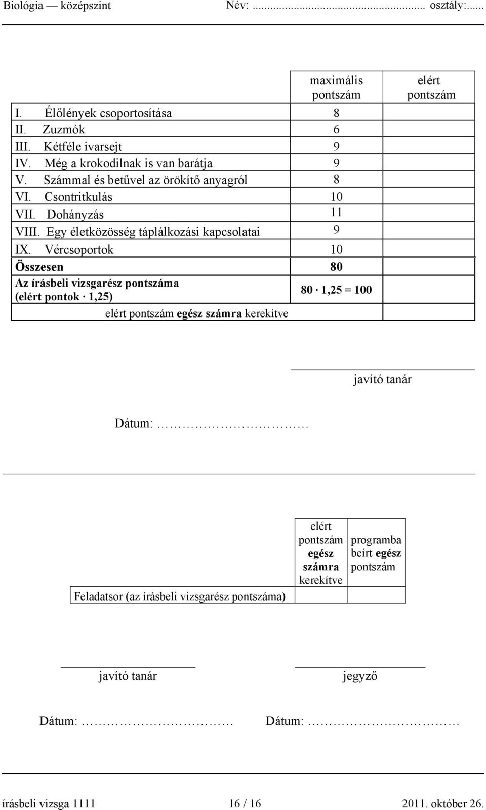 Vércsoportok 10 Összesen 80 Az írásbeli vizsgarész pontszáma (elért pontok 1,25) 80 1,25 = 100 elért pontszám egész számra kerekítve elért pontszám javító