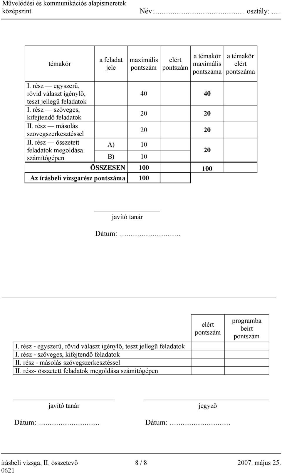 rész összetett A) 10 feladatok megoldása számítógépen B) 10 20 Az írásbeli vizsgarész pontszáma 100 ÖSSZESEN 100 100 javító tanár Dátum:... I.