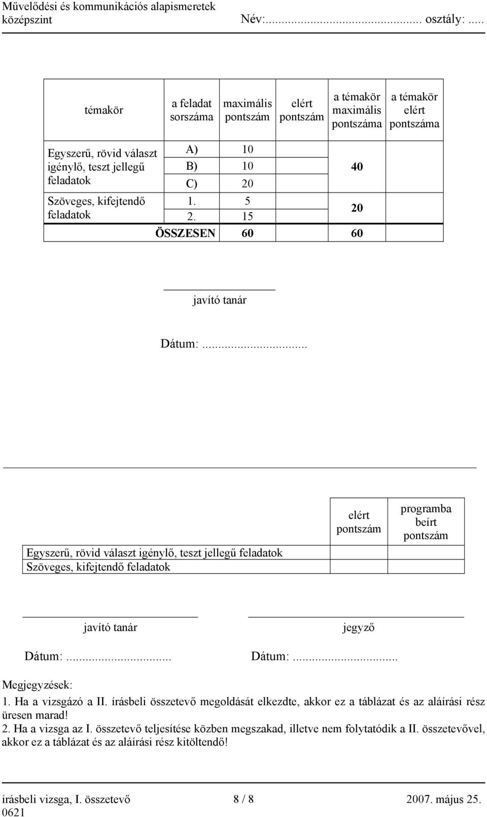 .. Egyszerű, rövid választ igénylő, teszt jellegű feladatok Szöveges, kifejtendő feladatok elért pontszám programba beírt pontszám javító tanár jegyző Dátum:... Dátum:... Megjegyzések: 1.