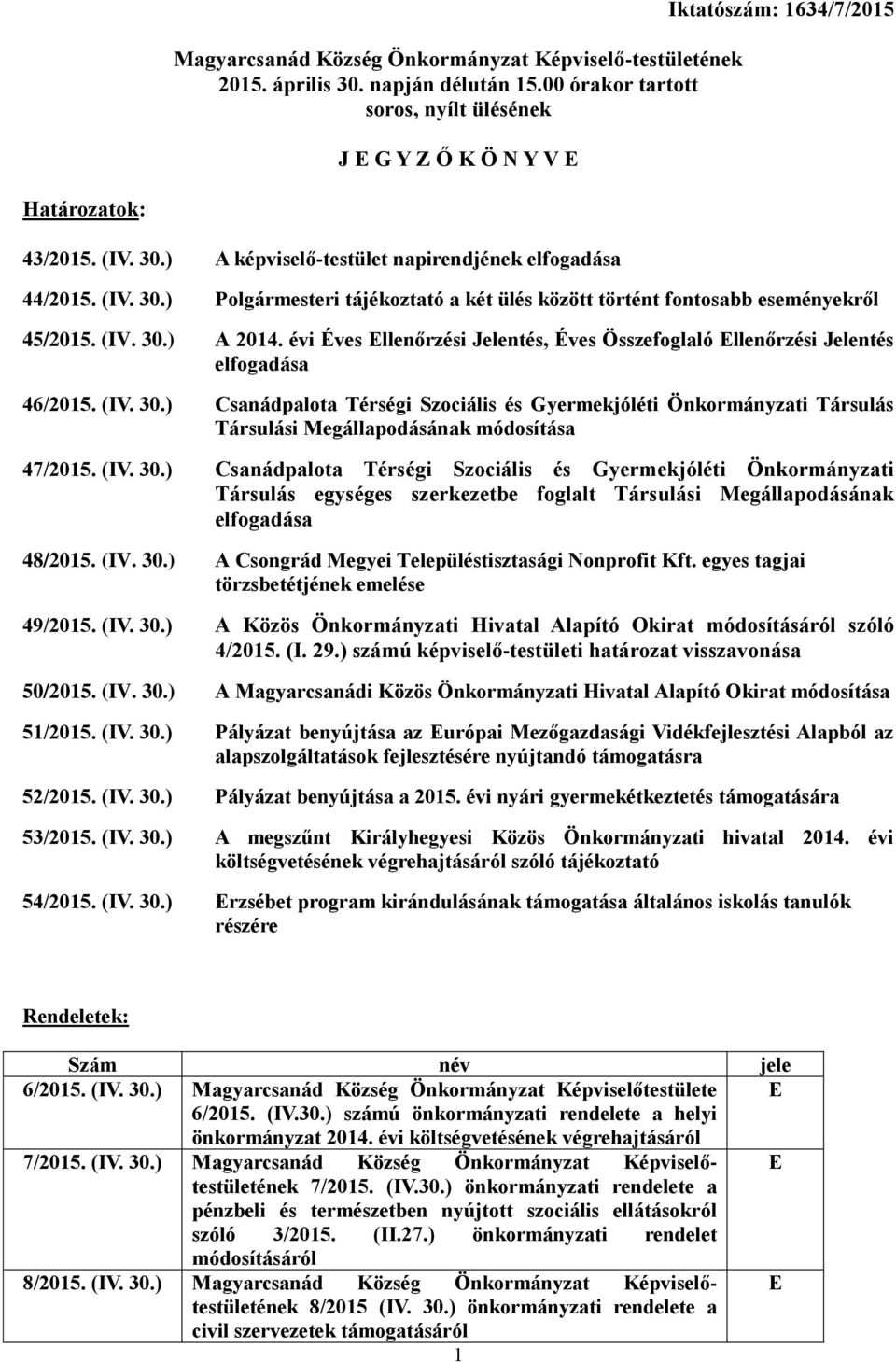 ) A képviselő-testület napirendjének elfogadása 44/2015. (IV. 30.) Polgármesteri tájékoztató a két ülés között történt fontosabb eseményekről 45/2015. (IV. 30.) A 2014.