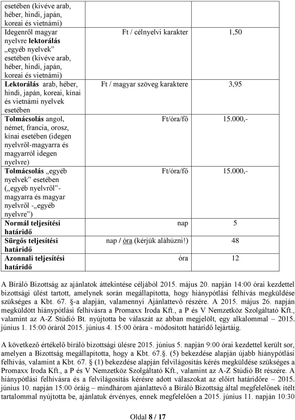 000,- nap 5 nap / óra (kérjük aláhúzni!) 48 óra 12 A Bíráló Bizottság az ajánlatok áttekintése céljából 2015. május 20.