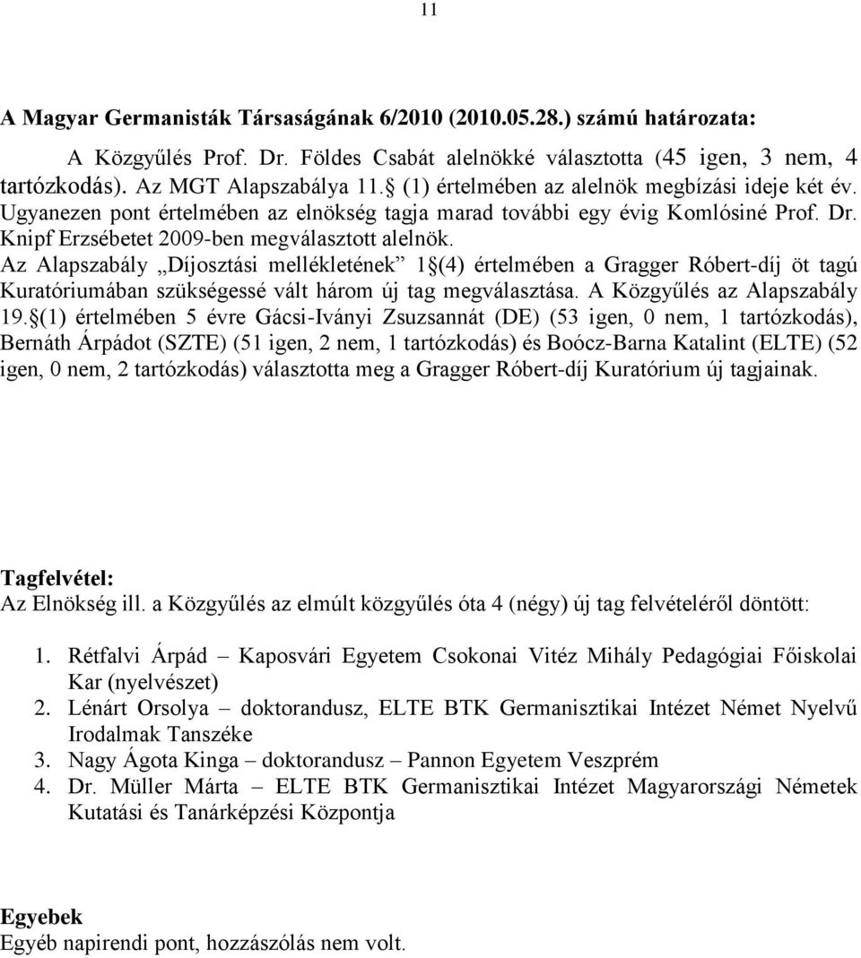 Az Alapszabály Díjosztási mellékletének 1 (4) értelmében a Gragger Róbert-díj öt tagú Kuratóriumában szükségessé vált három új tag megválasztása. A Közgyűlés az Alapszabály 19.