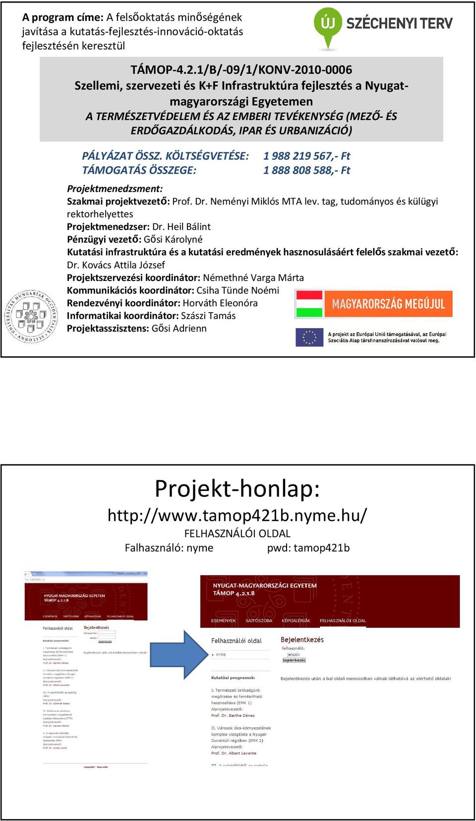URBANIZÁCIÓ) PÁLYÁZAT ÖSSZ. KÖLTSÉGVETÉSE: 1988219567,- Ft TÁMOGATÁS ÖSSZEGE: 1888808588,- Ft Projektmenedzsment: Szakmai projektvezető:prof. Dr. Neményi Miklós MTA lev.