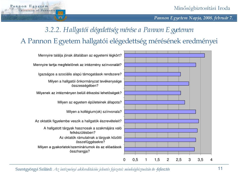 Milyenek az intézményen belüli étkezési lehetőségek? Milyen az egyetem épületeinek állapota? Milyen a kollégium(ok) színvonala? Az oktatók figyelembe veszik a hallgatók észrevételeit?