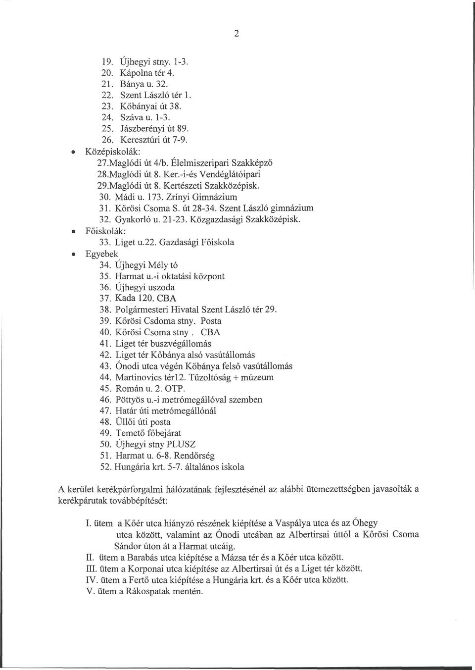Szent László gimnázium 32. Gyakorló u. 21-23. Közgazdasági Szakközépisk. Főiskolák: 33. Liget u.22. Gazdasági Főiskola Egyebek 34. Újhegyi Mély tó 35. Harmat u.-i oktatási központ 36.