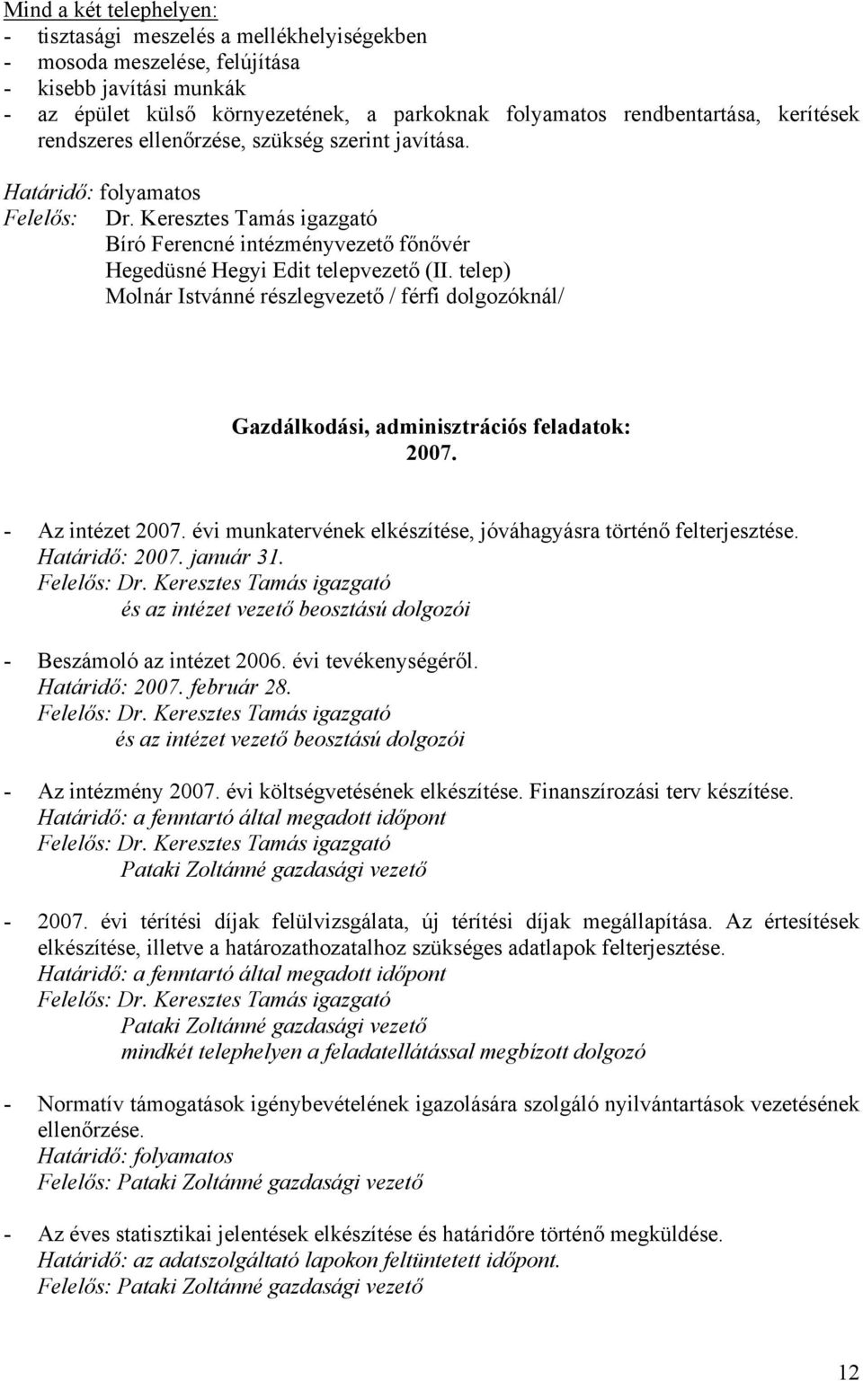 telep) Molnár Istvánné részlegvezető / férfi dolgozóknál/ Gazdálkodási, adminisztrációs feladatok: 2007. - Az intézet 2007. évi munkatervének elkészítése, jóváhagyásra történő felterjesztése. 2007. január 31.