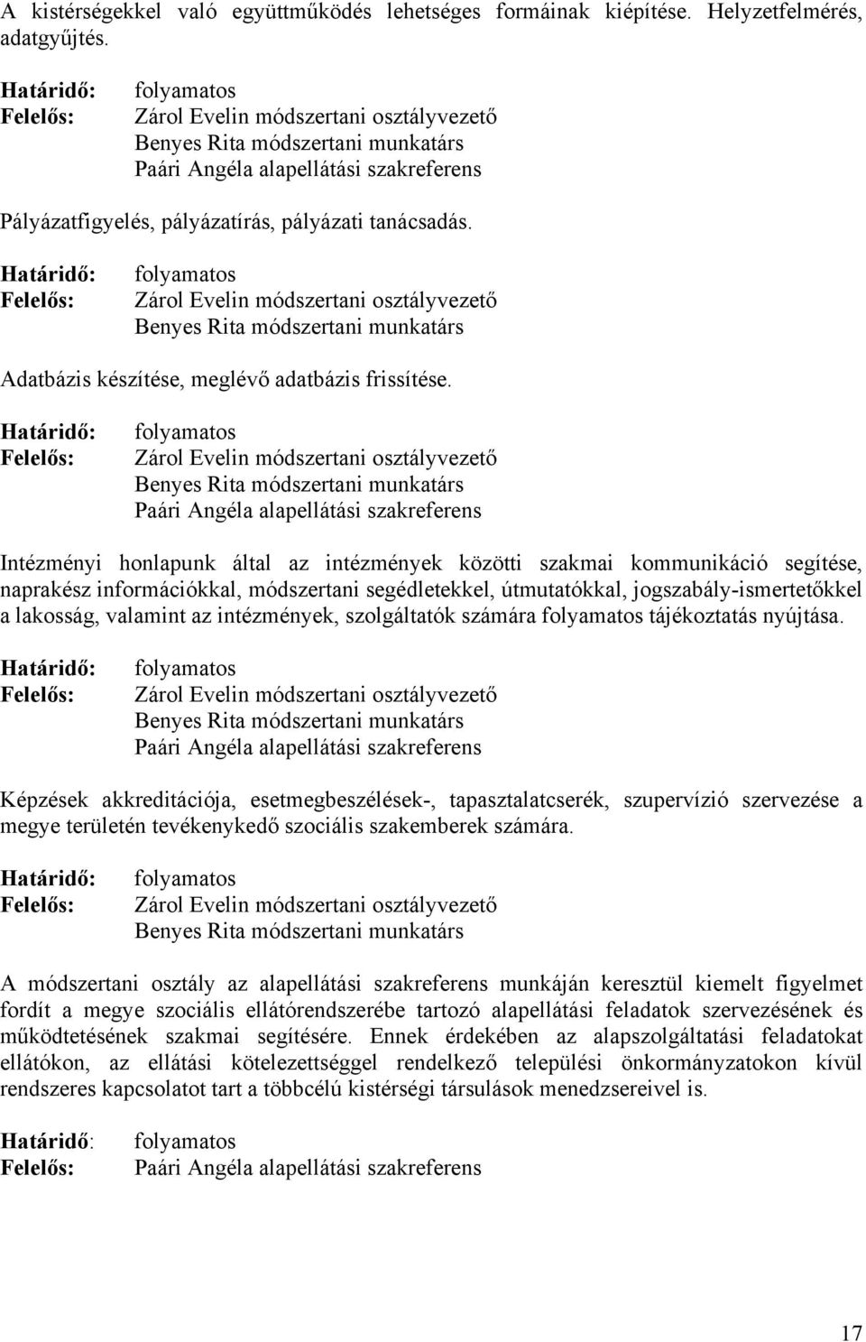 folyamatos Zárol Evelin módszertani osztályvezető Benyes Rita módszertani munkatárs Adatbázis készítése, meglévő adatbázis frissítése.