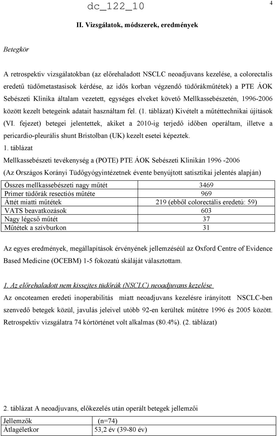 táblázat) Kivételt a műtéttechnikai újítások (VI. fejezet) betegei jelentettek, akiket a 2010-ig terjedő időben operáltam, illetve a pericardio-pleurális shunt Bristolban (UK) kezelt esetei képeztek.