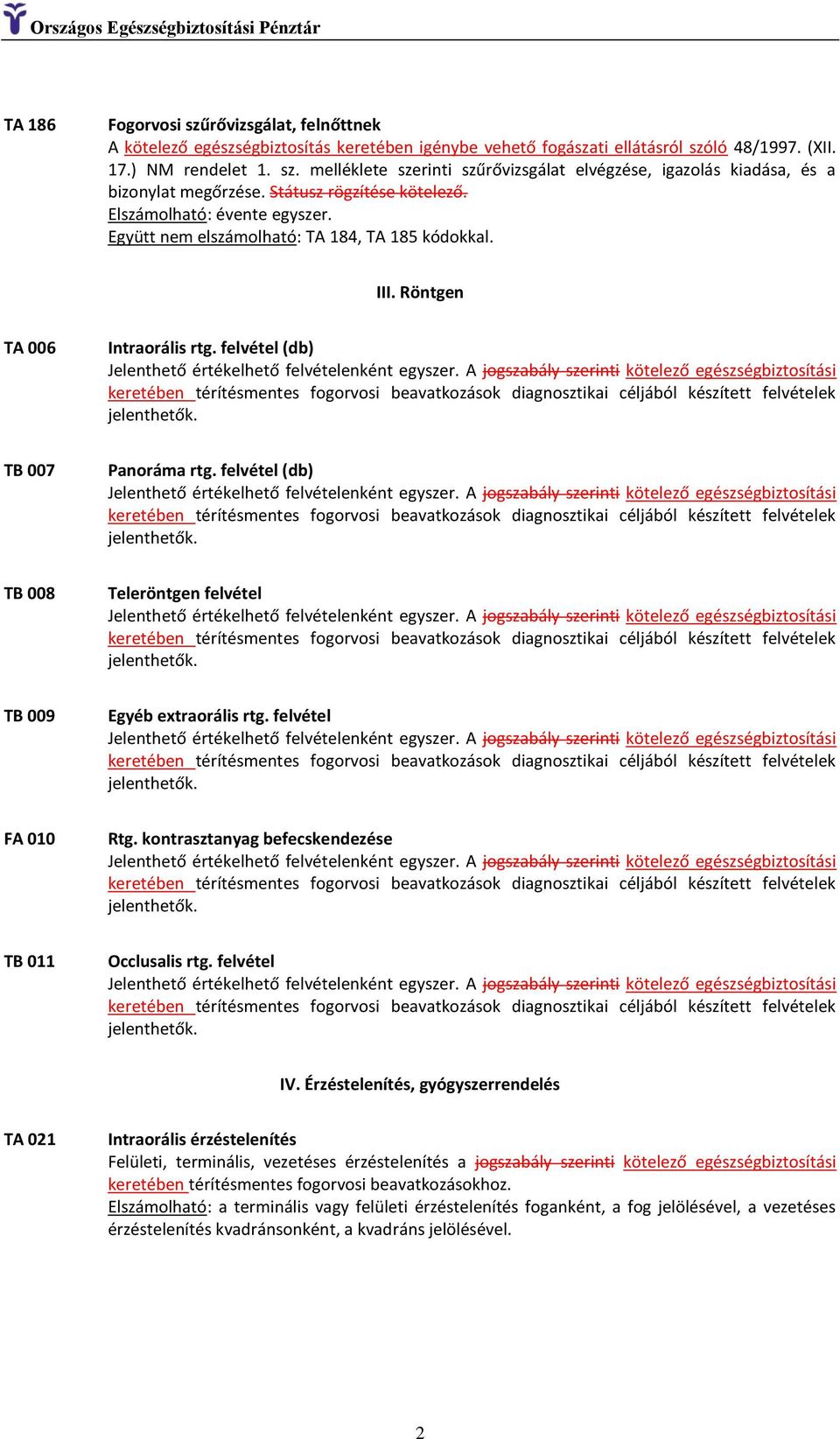 felvétel (db) TB 008 Teleröntgen felvétel TB 009 Egyéb extraorális rtg. felvétel FA 010 Rtg. kontrasztanyag befecskendezése TB 011 Occlusalis rtg. felvétel IV.