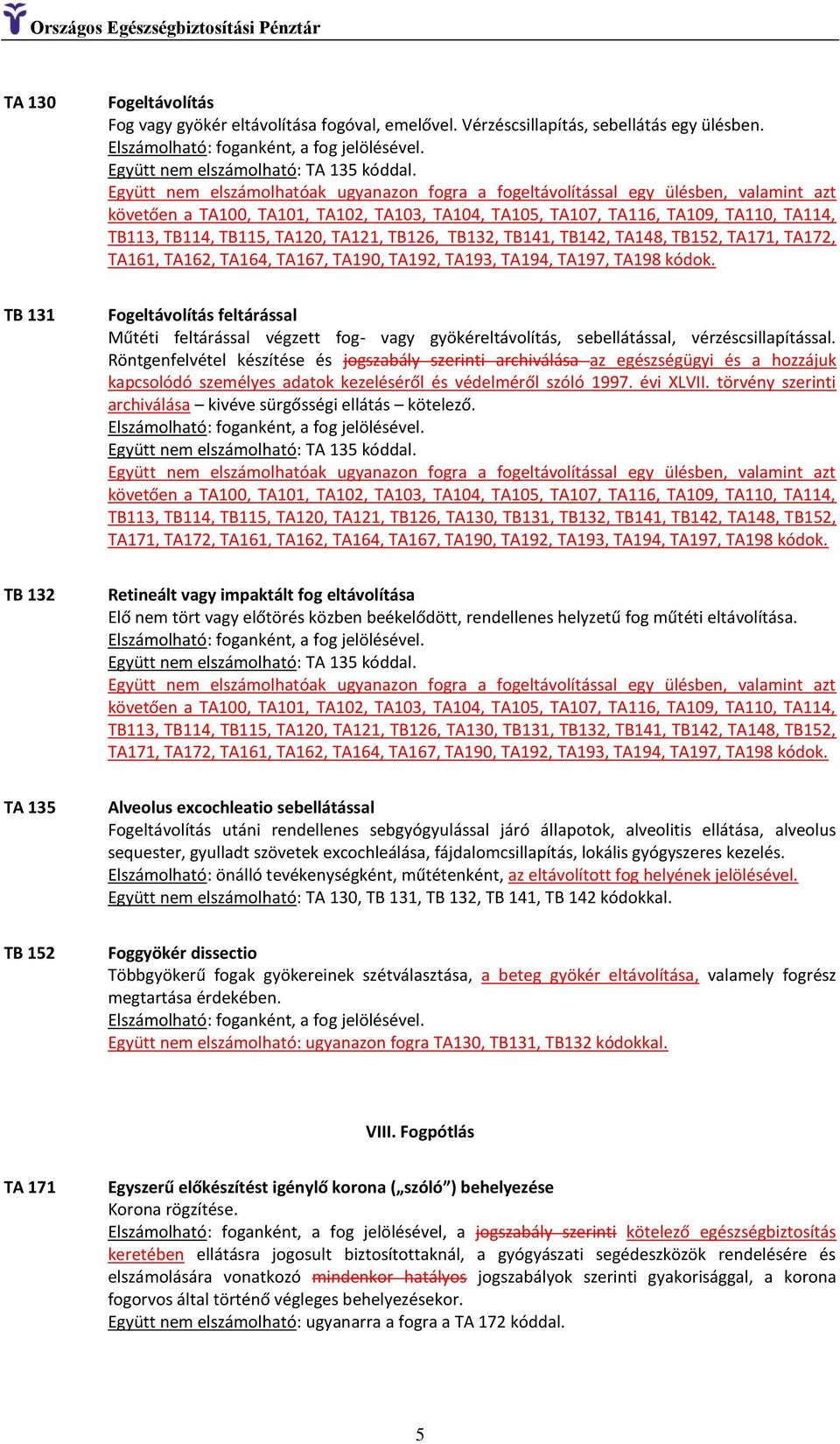 TA120, TA121, TB126, TB132, TB141, TB142, TA148, TB152, TA171, TA172, TA161, TA162, TA164, TA167, TA190, TA192, TA193, TA194, TA197, TA198 kódok.