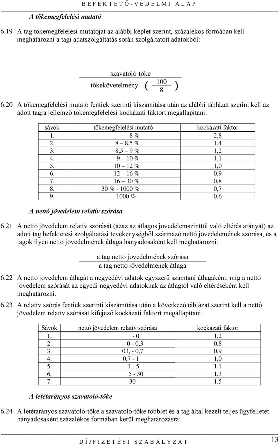 20 A tőkemegfelelési mutató fentiek szerinti kiszámítása után az alábbi táblázat szerint kell az adott tagra jellemző tőkemegfelelési kockázati faktort megállapítani: sávok tőkemegfelelési mutató