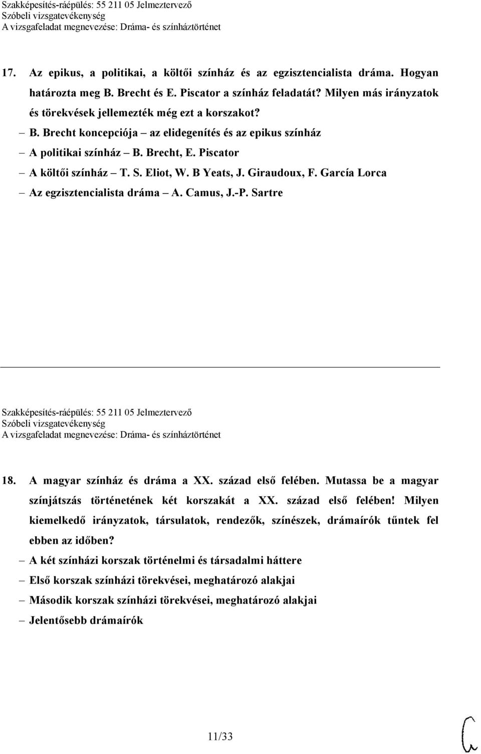 Eliot, W. B Yeats, J. Giraudoux, F. García Lorca Az egzisztencialista dráma A. Camus, J.-P. Sartre Szakképesítés-ráépülés: 55 211 05 Jelmeztervező 18. A magyar színház és dráma a XX.