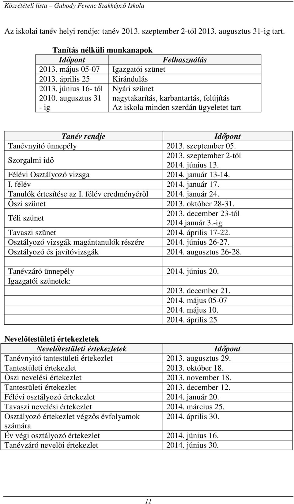 Szorgalmi idő 03. szeptember tól 04. június 3. Félévi Osztályozó vizsga 04. január 34. I. félév 04. január 7. Tanulók értesítése az I. félév eredményéről 04. január 4. Őszi szünet 03. október 83.