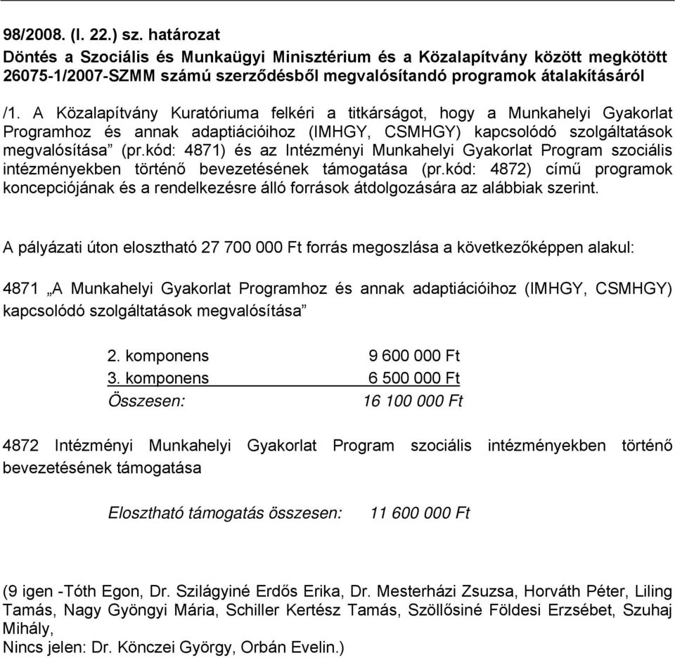 kód: 4871) és az Intézményi Munkahelyi Gyakorlat Program szociális intézményekben történő bevezetésének támogatása (pr.