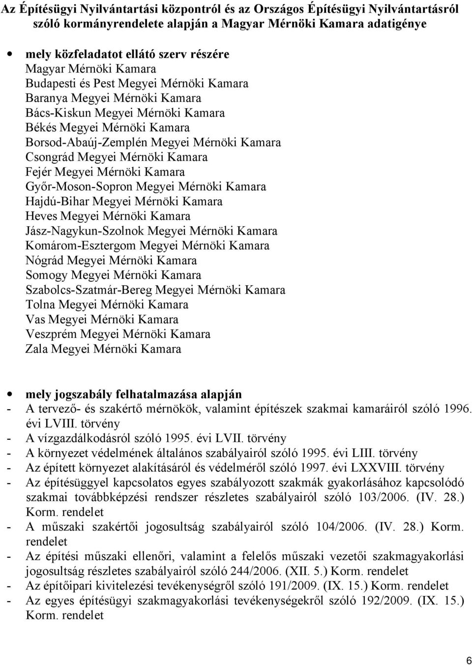Megyei Mérnöki Kamara Fejér Megyei Mérnöki Kamara Győr-Moson-Sopron Megyei Mérnöki Kamara Hajdú-Bihar Megyei Mérnöki Kamara Heves Megyei Mérnöki Kamara Jász-Nagykun-Szolnok Megyei Mérnöki Kamara