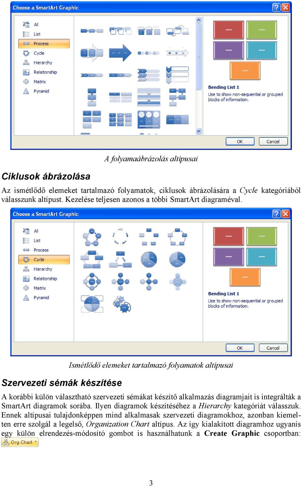 Szervezeti sémák készítése Ismétlődő elemeket tartalmazó folyamatok altípusai A korábbi külön választható szervezeti sémákat készítő alkalmazás diagramjait is integrálták a SmartArt