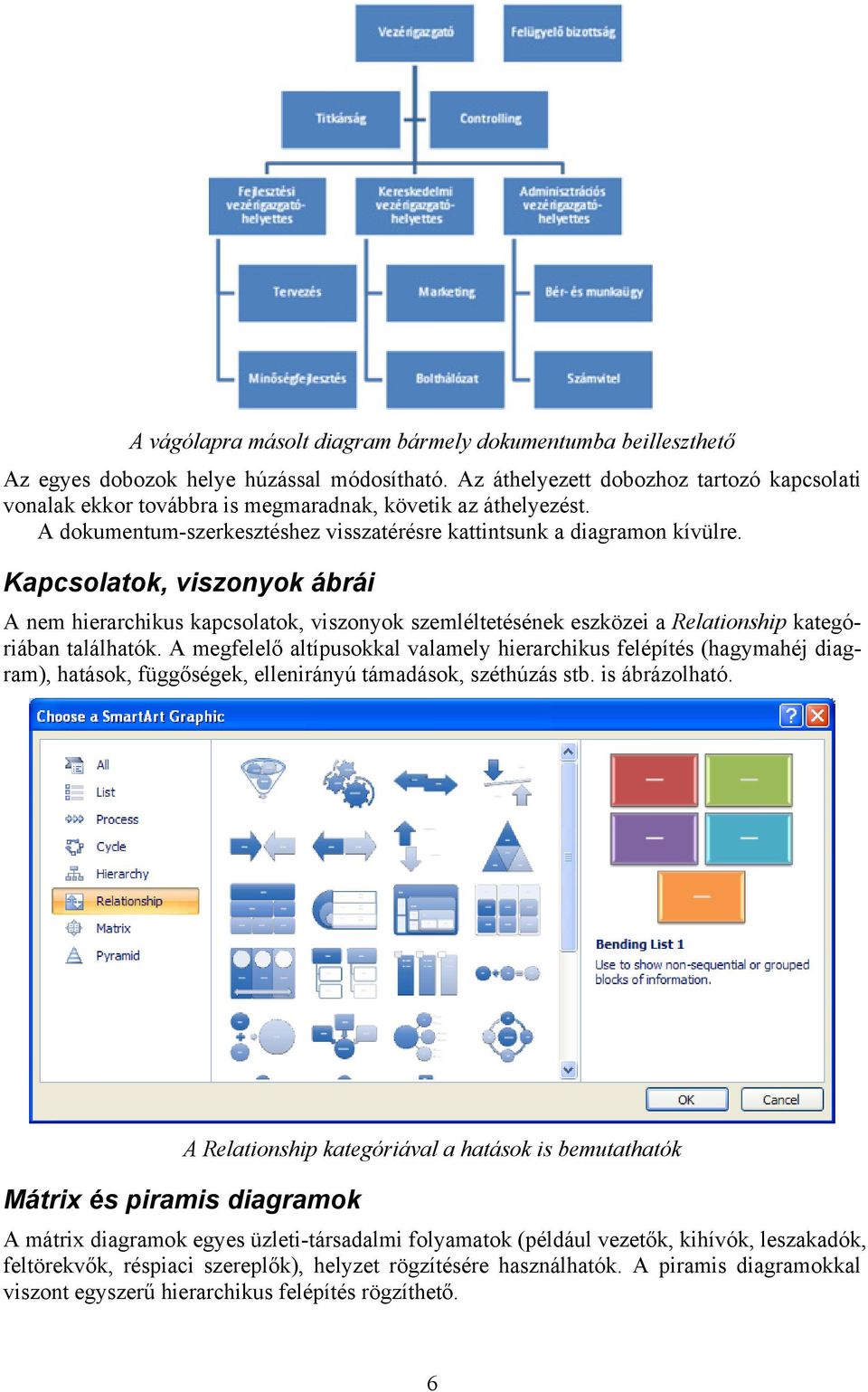 Kapcsolatok, viszonyok ábrái A nem hierarchikus kapcsolatok, viszonyok szemléltetésének eszközei a Relationship kategóriában találhatók.