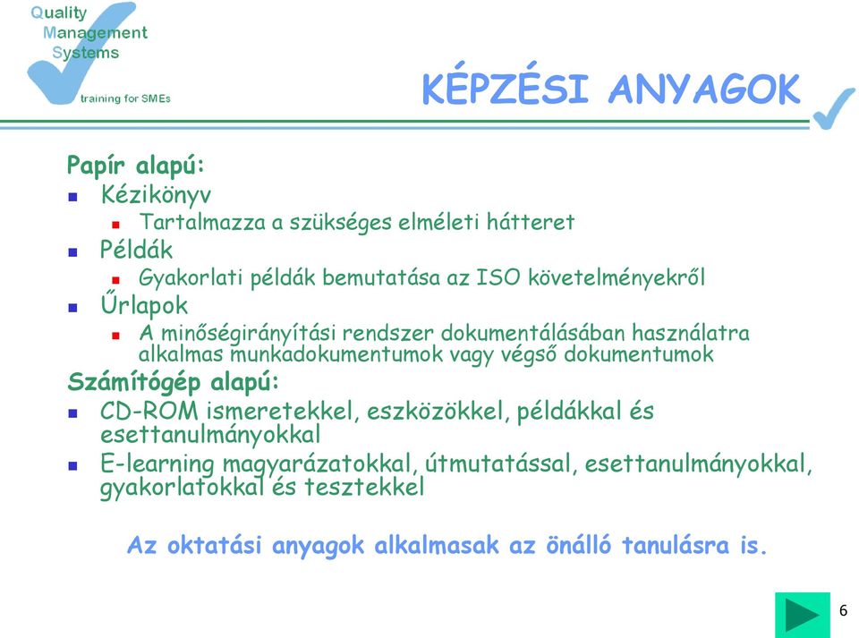 végső dokumentumok Számítógép alapú: CD-ROM ismeretekkel, eszközökkel, példákkal és esettanulmányokkal E-learning