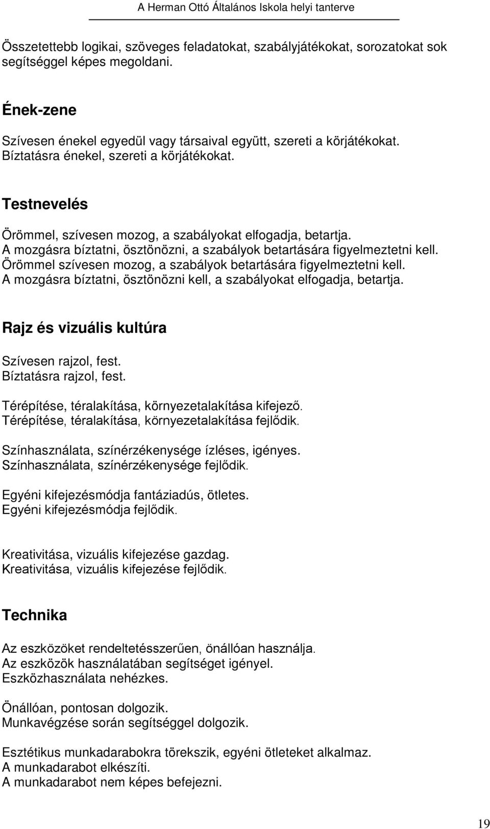 Örömmel szívesen mozog, a szabályok betartására figyelmeztetni kell. A mozgásra bíztatni, ösztönözni kell, a szabályokat elfogadja, betartja. Rajz és vizuális kultúra Szívesen rajzol, fest.