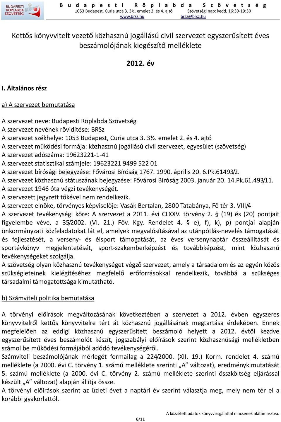 ajtó A szervezet működési formája: közhasznú jogállású civil szervezet, egyesület (szövetség) A szervezet adószáma: 19623221-1-41 A szervezet statisztikai számjele: 19623221 9499 522 01 A szervezet