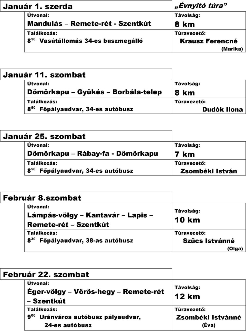 szombat Dömörkapu Gyükés Borbála-telep 8 km Január 25. szombat Dömörkapu Rábay-fa - Dömörkapu 7 km Zsombéki István Február 8.