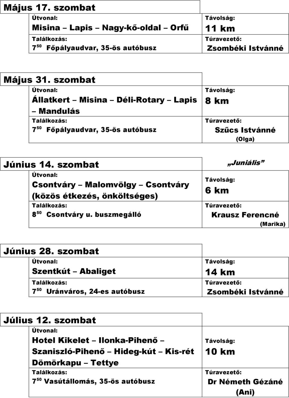 szombat Csontváry Malomvölgy Csontváry (közös étkezés, önköltséges) 8 50 Csontváry u. buszmegálló 6 km Juniális Krausz Ferencné (Marika) Június 28.