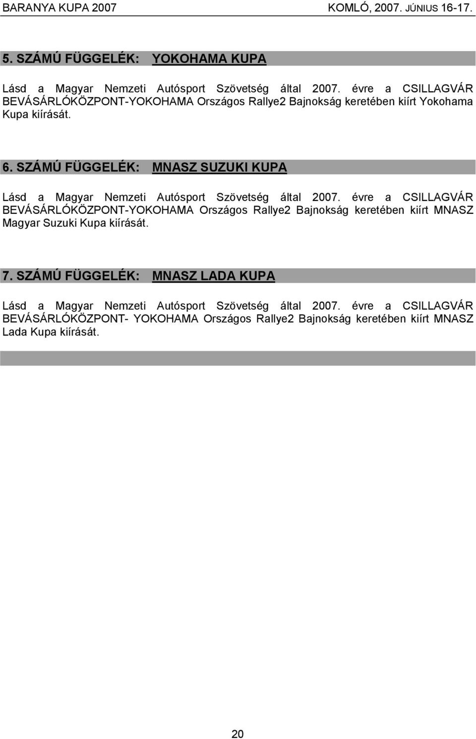 SZÁMÚ FÜGGELÉK: MNASZ SUZUKI KUPA Lásd a Magyar Nemzeti Autósport Szövetség által 2007.