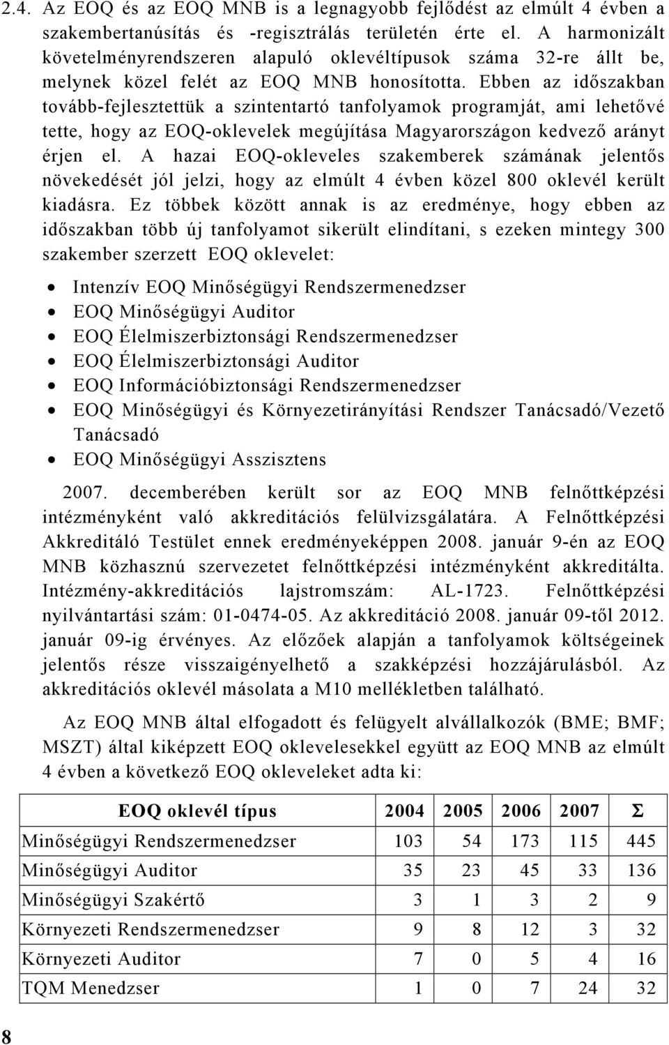 Ebben az időszakban tovább-fejlesztettük a szintentartó tanfolyamok programját, ami lehetővé tette, hogy az EOQ-oklevelek megújítása Magyarországon kedvező arányt érjen el.