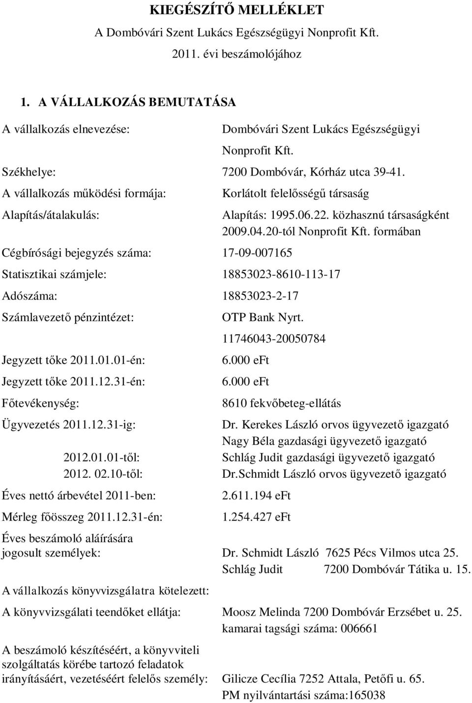 A vállalkozás működési formája: Alapítás/átalakulás: Cégbírósági bejegyzés száma: 17-09-007165 Korlátolt felelősségű társaság Alapítás: 1995.06.22. közhasznú társaságként 2009.04.20-tól Nonprofit Kft.