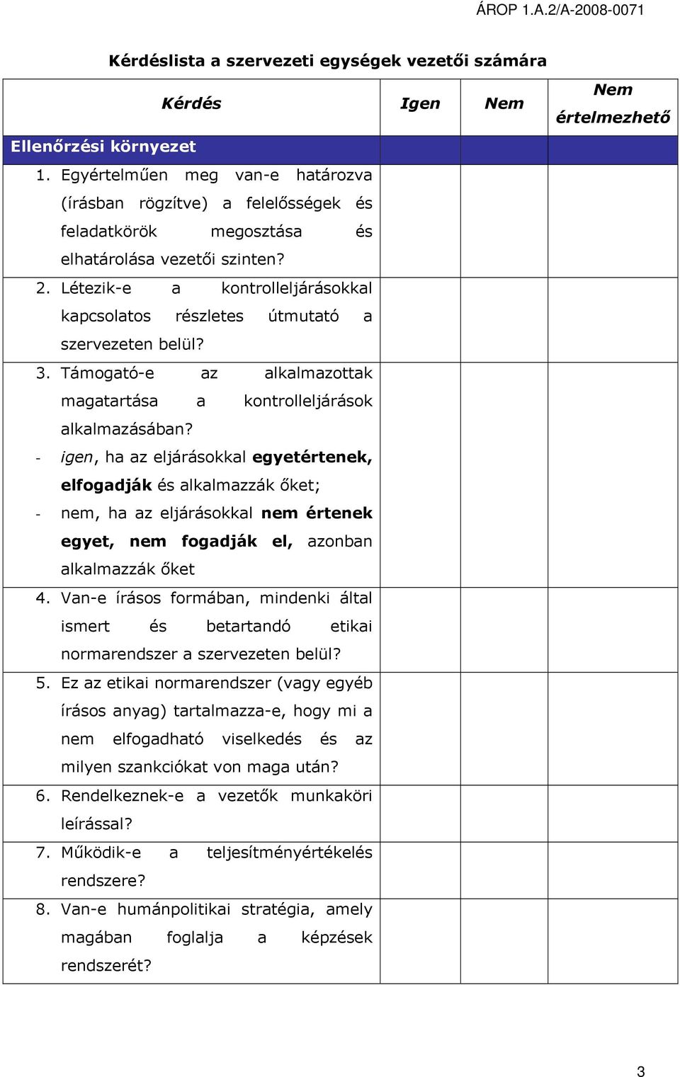 Létezik-e a kontrolleljárásokkal kapcsolatos részletes útmutató a szervezeten belül? 3. Támogató-e az alkalmazottak magatartása a kontrolleljárások alkalmazásában?