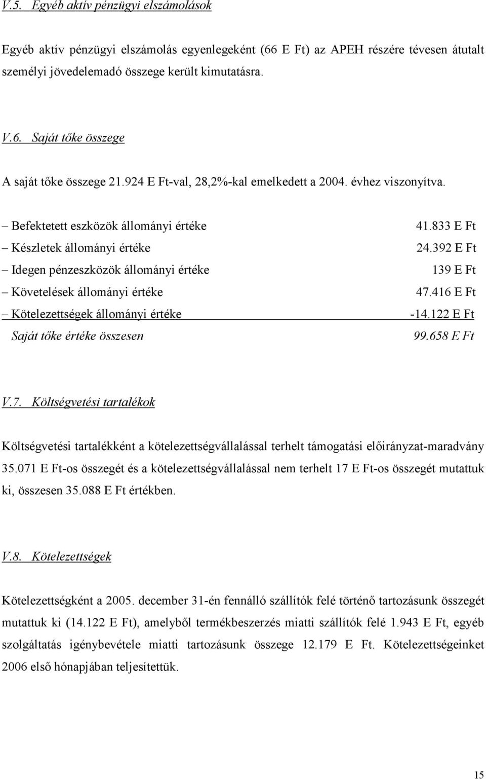 392 E Ft Idegen pénzeszközök állományi értéke 139 E Ft Követelések állományi értéke 47.