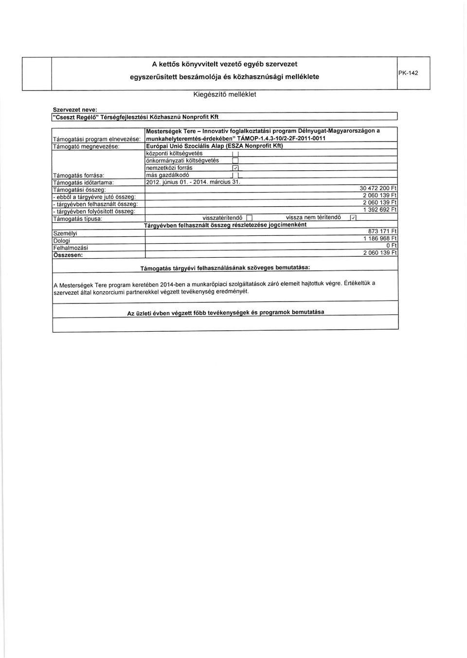 4,3-10 l2-2f -2011 4011 dmoqato megneve26se: pal ap (ESZA Nonprofit Kfl kdzponti k6l1s60vel6s t6s Timoqates fo116sa: s s qazdalkodo T6mogat6s id6tartama: 12. itnius 01. - 20'14.