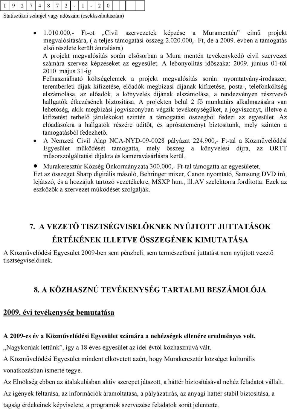 A lebonyolítás időszaka: 2009. június 01-től 2010. május 31-ig.