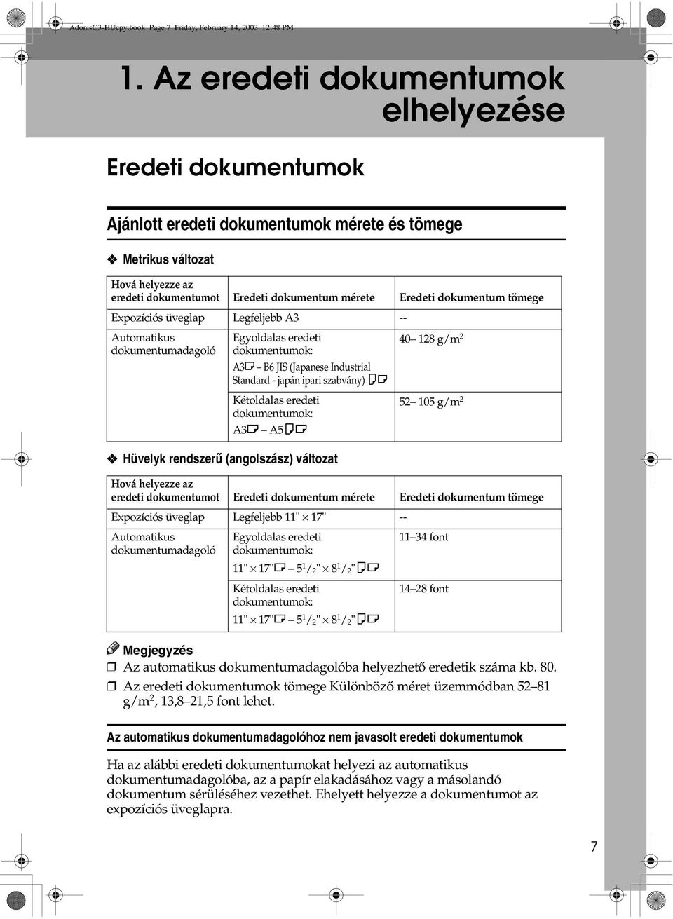 dokumentum tömege Expozíciós üveglap Legfeljebb A3 -- Automatikus dokumentumadagoló Egyoldalas eredeti dokumentumok: A3L B6 JIS (Japanese Industrial Standard - japán ipari szabvány) KL Kétoldalas