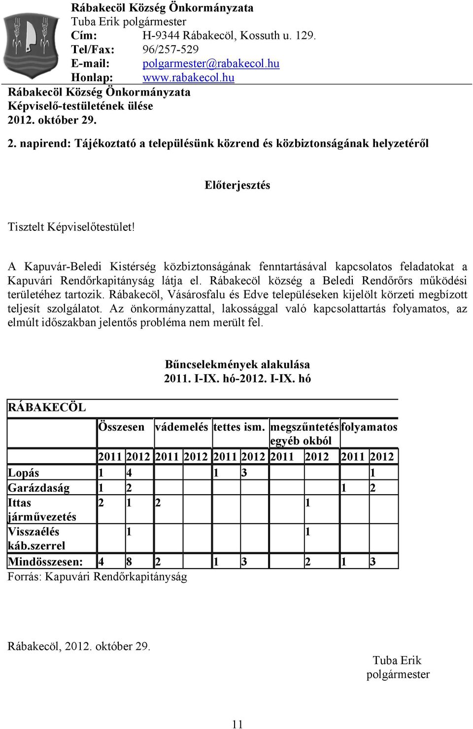 12. október 29. 2. napirend: Tájékoztató a településünk közrend és közbiztonságának helyzetéről Előterjesztés Tisztelt Képviselőtestület!