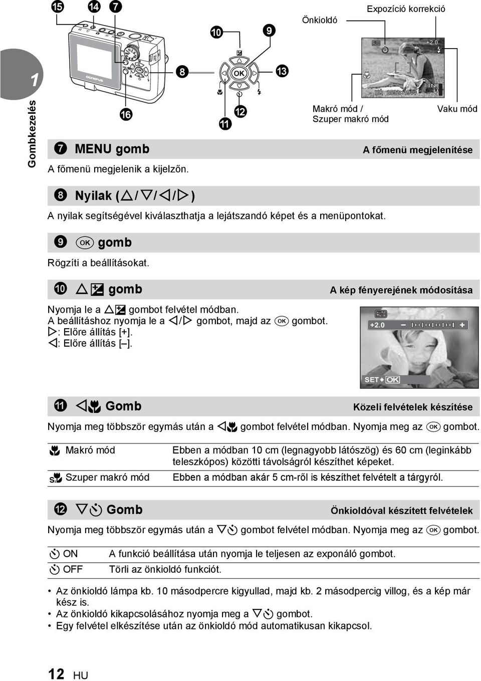 0 OF gomb A kép fényerejének módosítása Nyomja le a OF gombot felvétel módban. A beállításhoz nyomja le a X/Y gombot, majd az F gombot. Y: Előre állítás [+]. X: Előre állítás [ ]. +2.