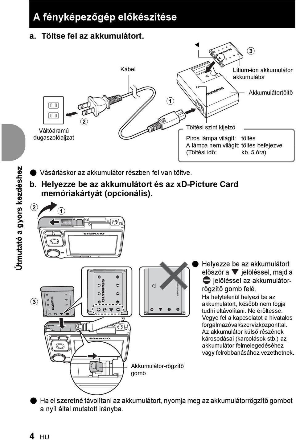 5 óra) Útmutató a gyors kezdéshez ( Vásárláskor az akkumulátor részben fel van töltve. b. Helyezze be az akkumulátort és az xd-picture Card memóriakártyát (opcionális).