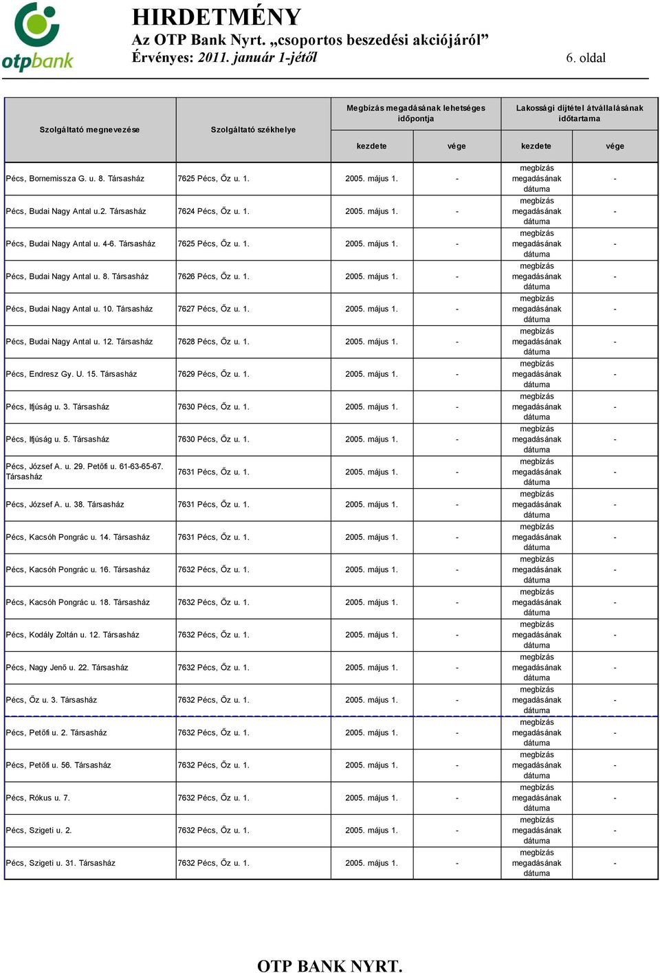 Pécs, Kacsóh Pongrác u. 16. Pécs, Kacsóh Pongrác u. 18. Pécs, Kodály Zoltán u. 12. Pécs, Nagy Jenő u. 22. Pécs, Őz u. 3. Pécs, Petőfi u. 2. Pécs, Petőfi u. 56. Pécs, Rókus u. 7. Pécs, Szigeti u. 2. Pécs, Szigeti u. 31.