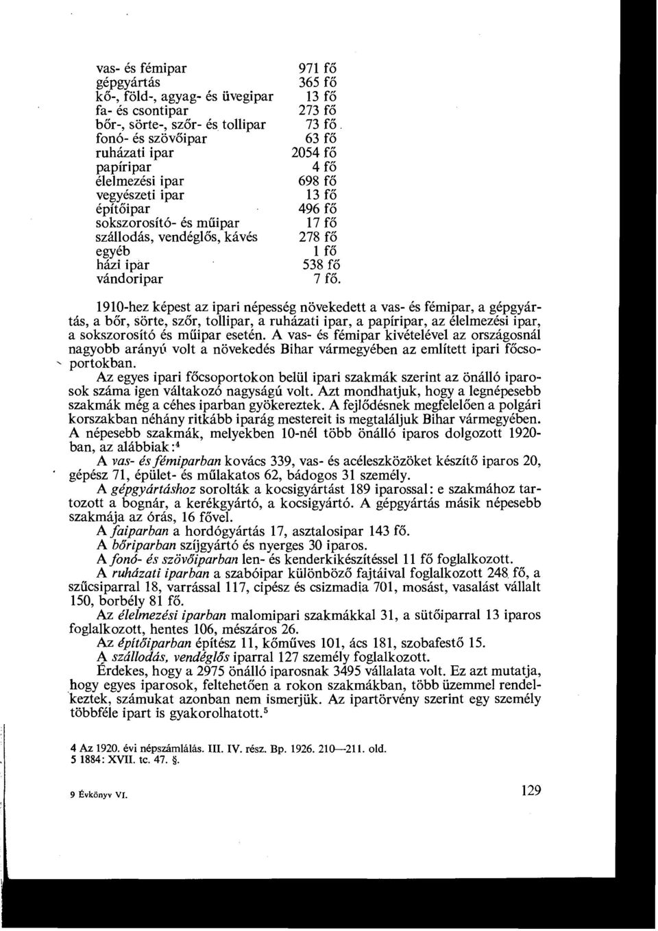 1910-hez képest az ipari népesség növekedett a vas- és fémipar, a gépgyártás, a bőr, sörte, szőr, tollipar, a ruházati ipar, a papíripar, az élelmezési ipar, a sokszorosító és műipar esetén.