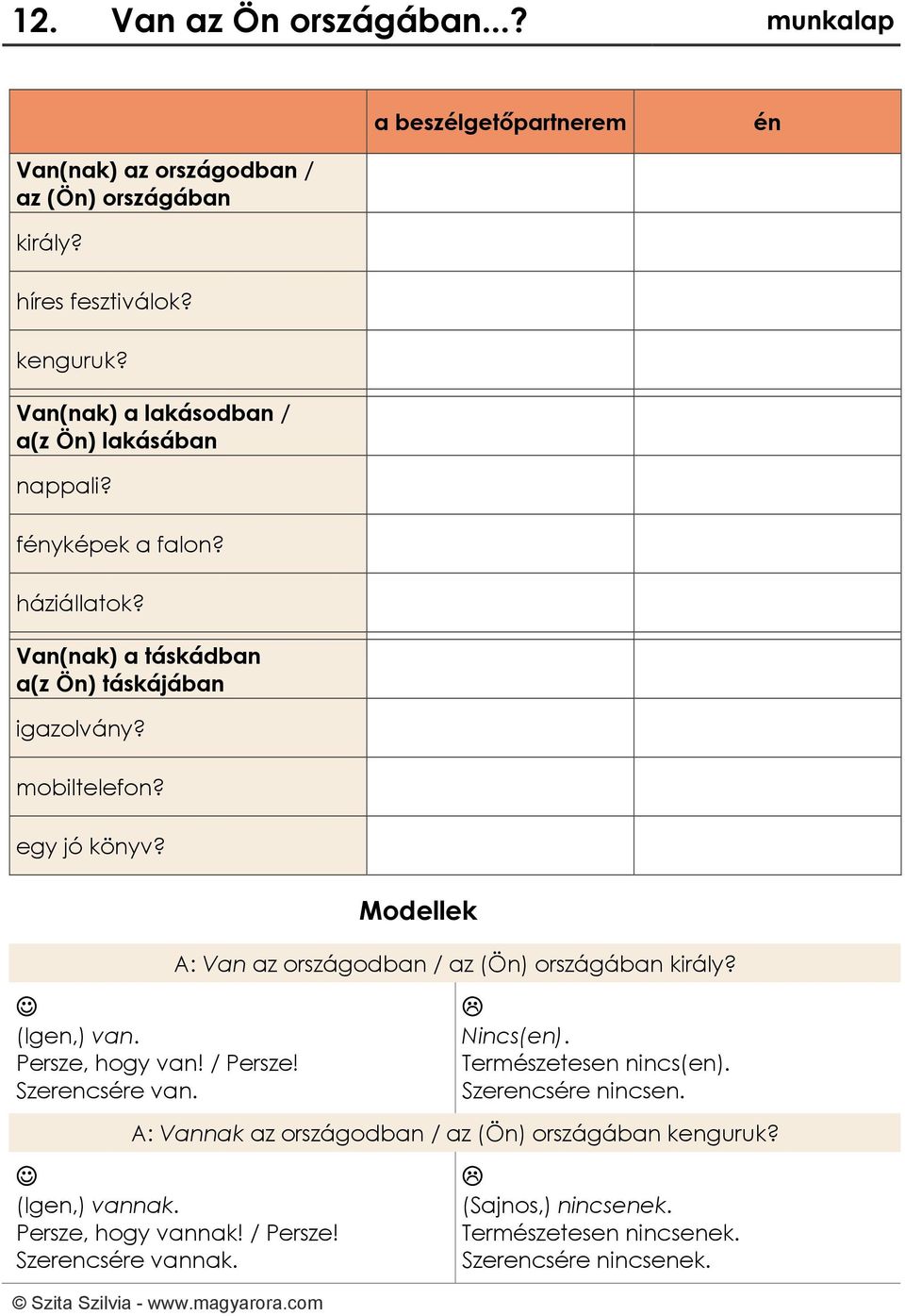 (Igen,) van. Persze, hogy van! / Persze! Szerencsére van. Modellek A: Van az országodban / az (Ön) országában király? Nincs(en). Természetesen nincs(en).